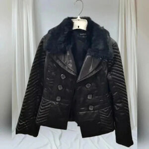 Bebe black Satin Quilted Pea Coat with fur collar Women's Size S
